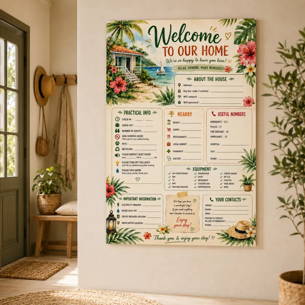 Affiche bienvenue maison tropicale avec fleurs hibiscus roses, feuilles de palmier vertes et illustration de maison plage