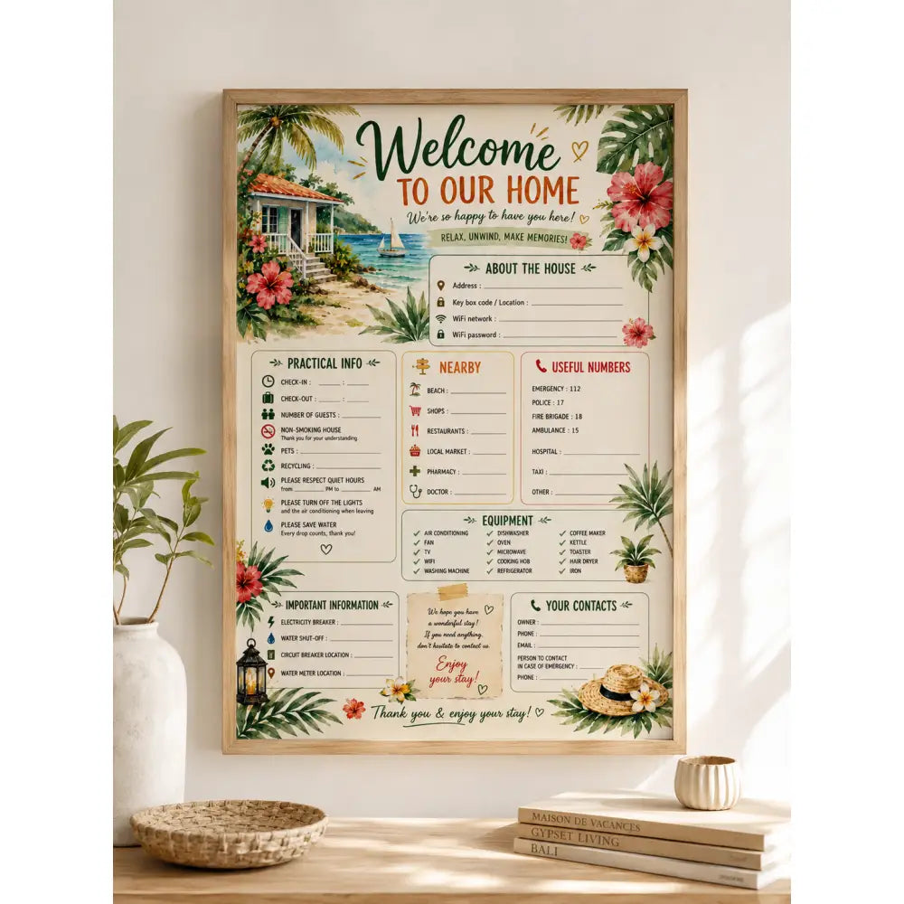Affiche bienvenue maison tropicale avec palmiers fleurs hibiscus et chalet plage pastel sign instant download