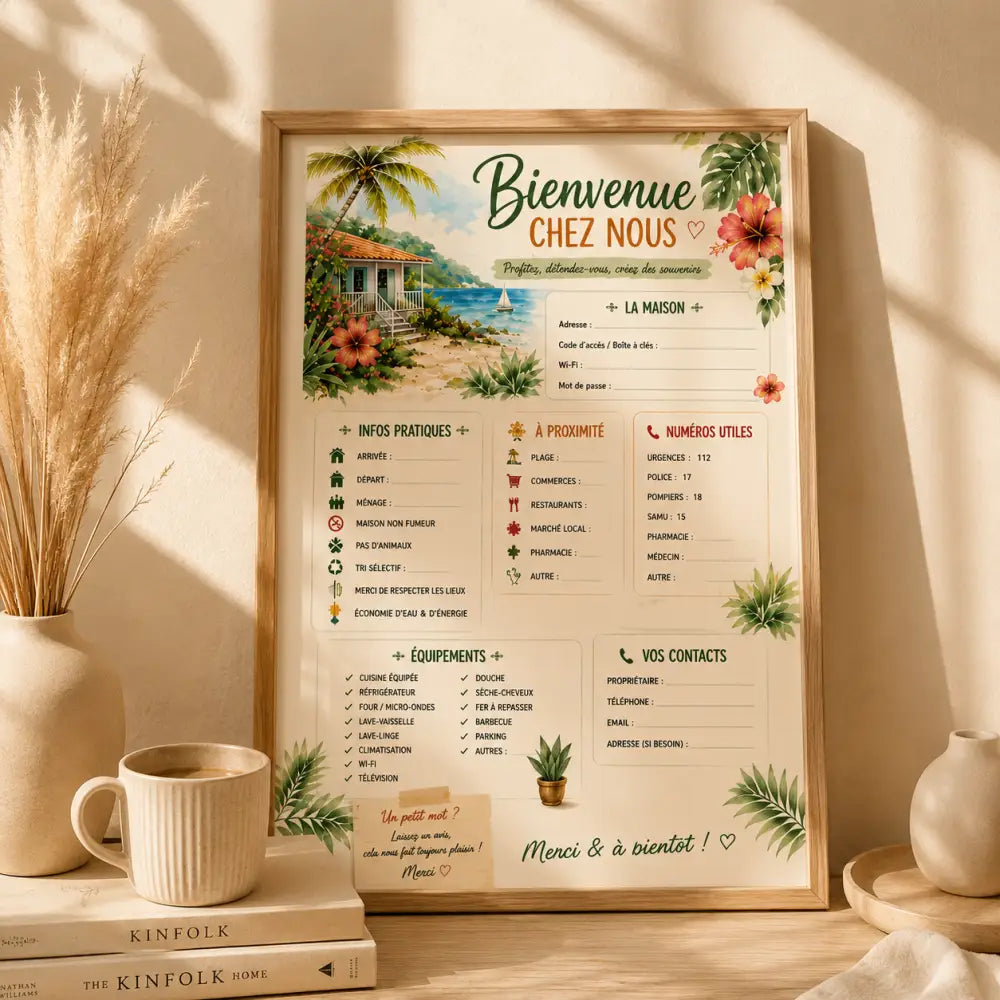 Affiche bienvenue maison tropicale encadrée avec maison de plage, feuilles de palmier et fleurs d hibiscus pastel