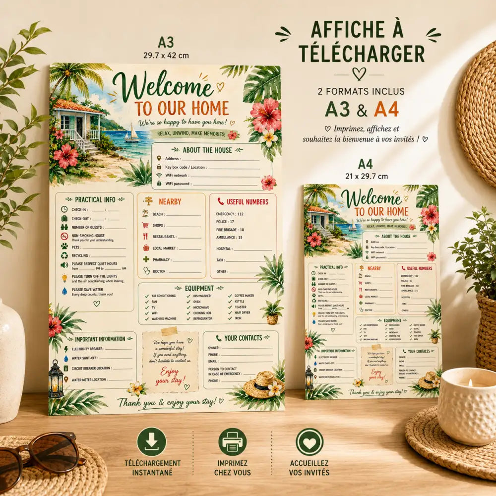 Affiche bienvenue maison tropicale avec bordures florales vibrantes et illustration de cottage en bord de mer en formats a3 et a4 sign instant download