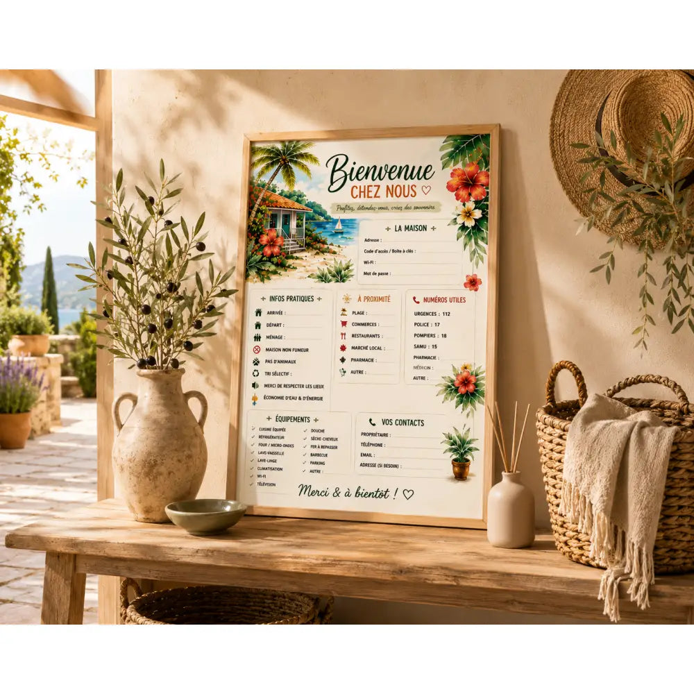 Affiche bienvenue maison encadrée avec design floral tropical coloré et bordure en bois rustique welcome home sign