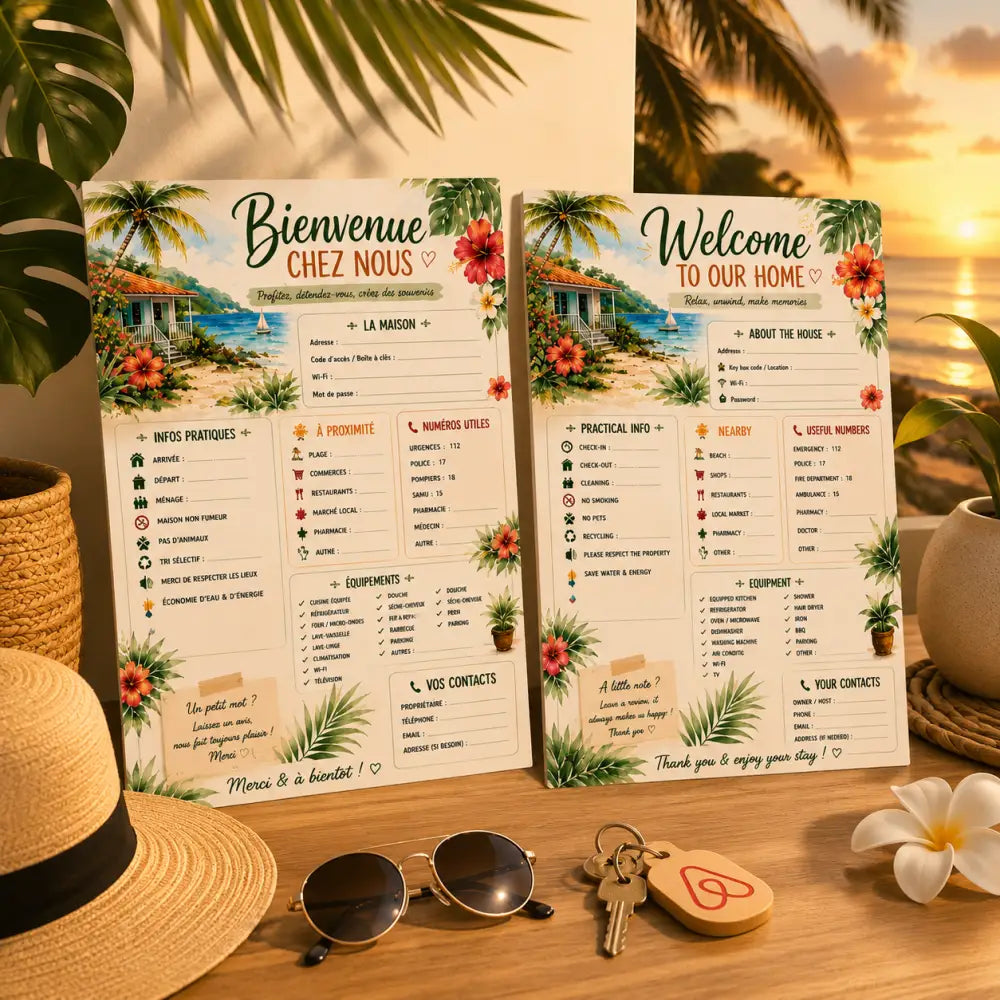 Affiche bienvenue maison avec illustration de cottage plage, palmier et hibiscus en couleurs pastel pour location