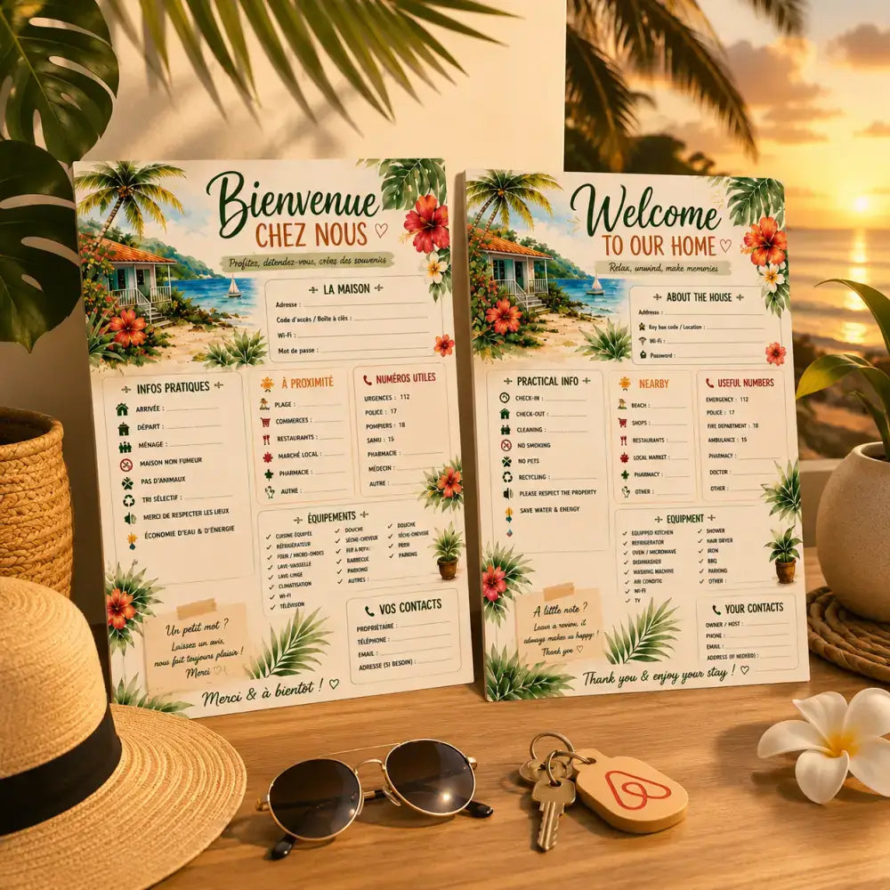 Affiche bienvenue maison avec palmiers et fleurs dhibiscus en impression papier blanc pour règles de location