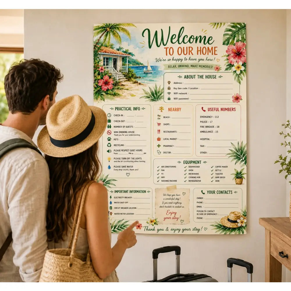 Affiche bienvenue maison tropicale avec feuilles de palmier, fleurs dhibiscus, et illustration de chalet de plage