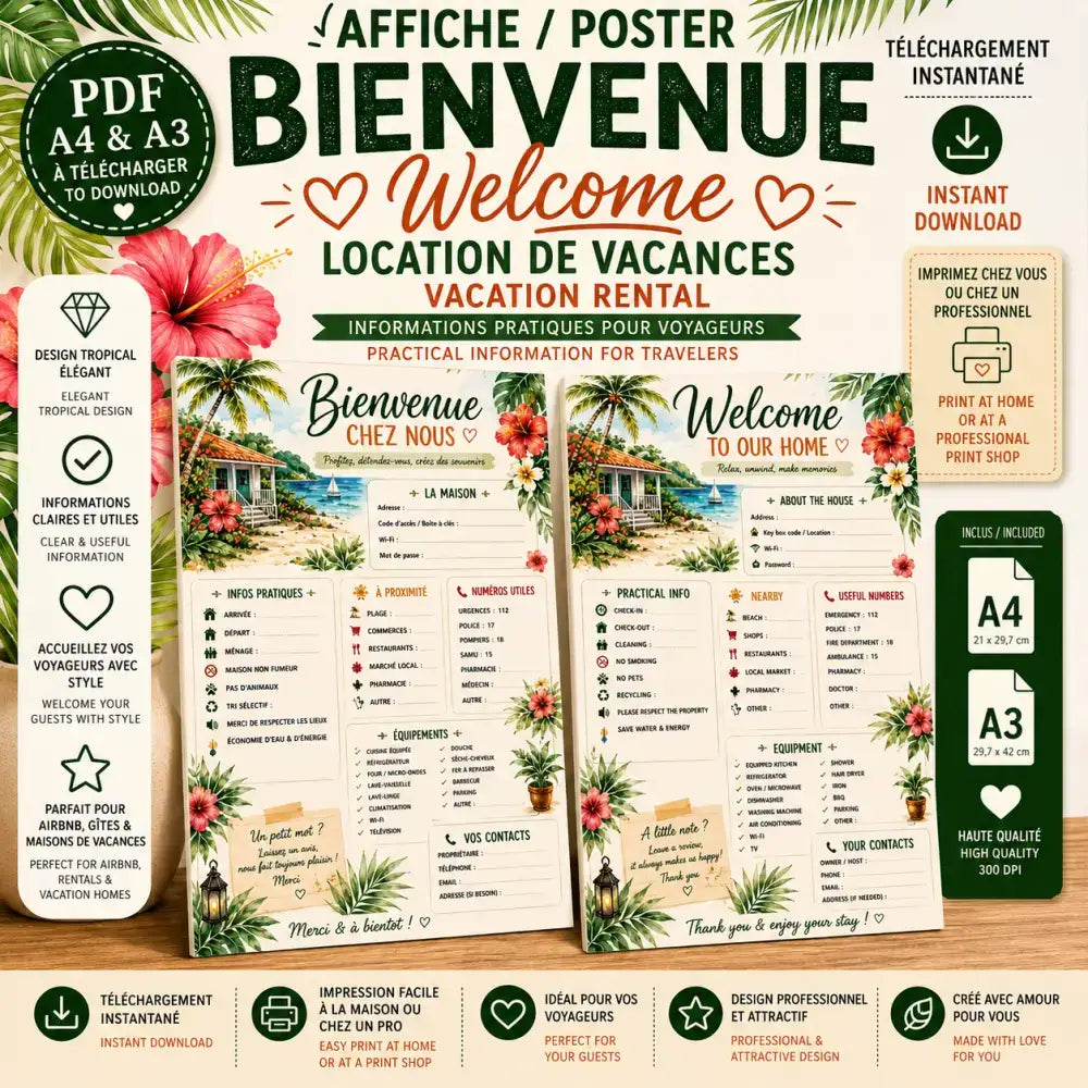 Affiche bienvenue maison tropicale avec hibiscus rose et palmiers pour location vacances sign instant download