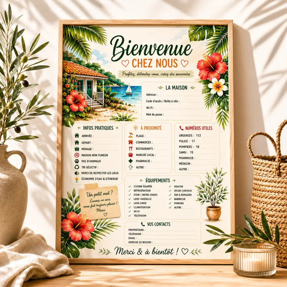 Affiche bienvenue maison encadrée avec fleurs d’hibiscus rouges, feuilles de palmier