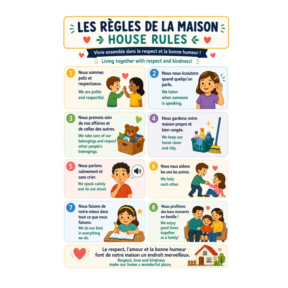Colorful illustrated poster tt with eight house rules in french and english featuring cartoon characters