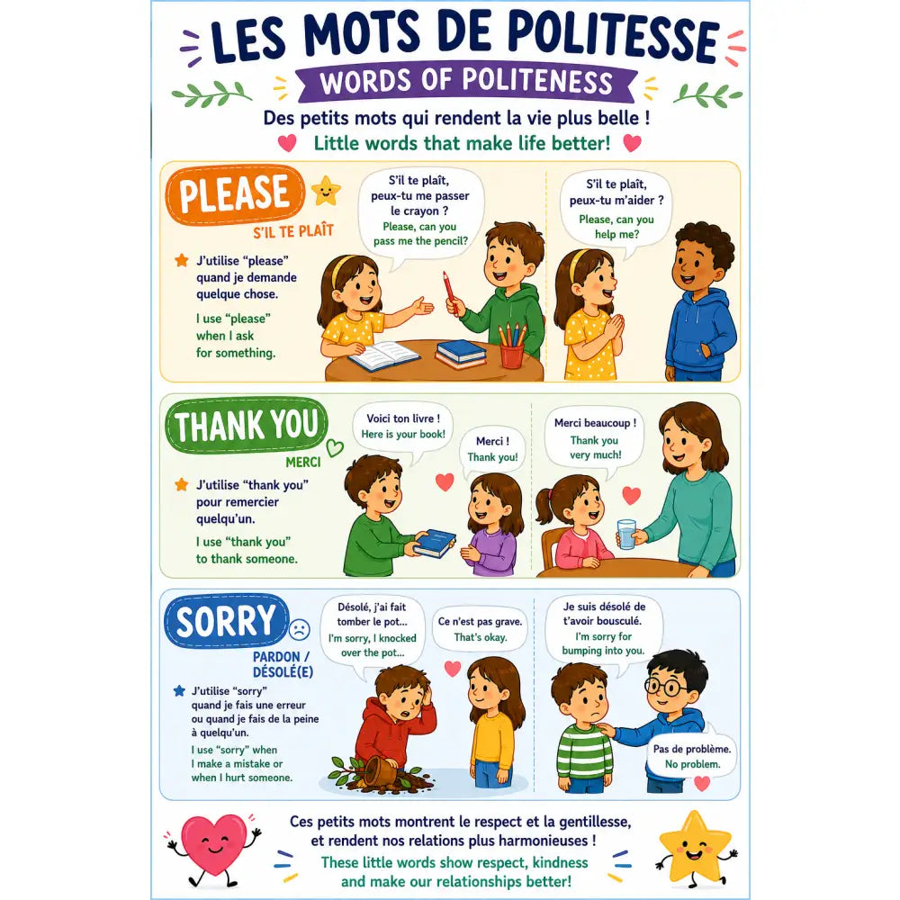 Colorée affiche éducative tt montrant scènes illustrées avec mots français polis please merci désolé et traductions anglaises
