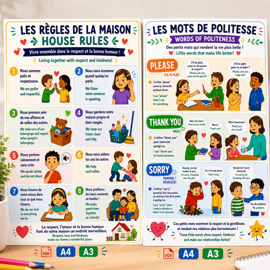 Bilingue poster de règles de maison et mots de politesse avec illustrations colorées en anglais et français sur fond blanc