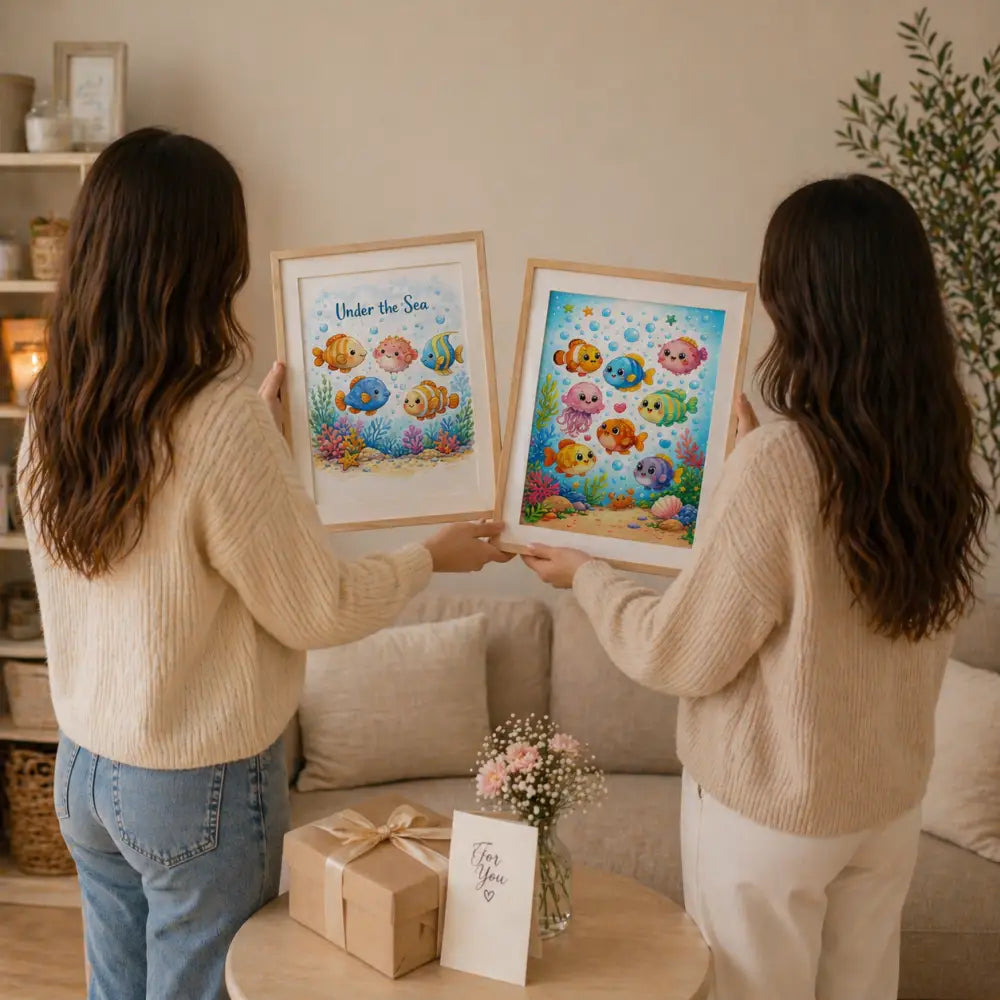 Deux affiches chambre bébé sous la mer avec poissons colorés et cadre bois clair pour décor chambre bébé