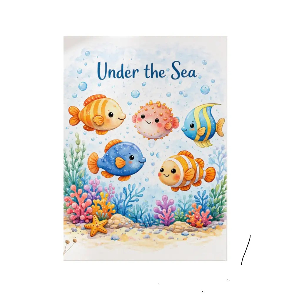 Affiche chambre bébé avec couverture livre enfant sous la mer poissons colorés corail et algues en A3 et A4