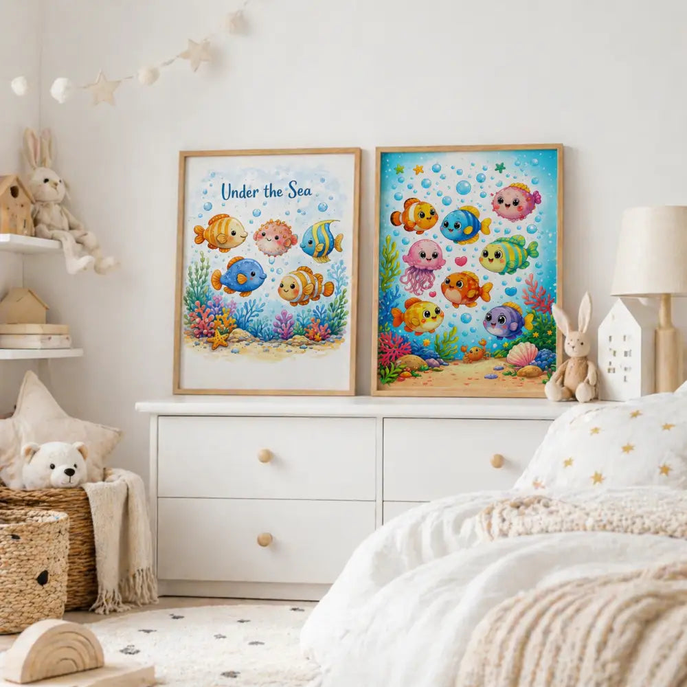 Deux affiches chambre bébé avec poissons colorés et scènes sous-marines en cadres bois clair affiches animaux à télécharger