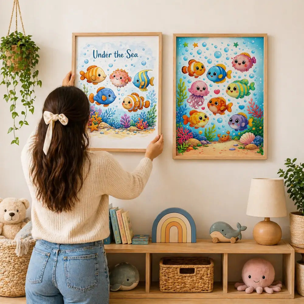 Affiche chambre bébé avec illustration sous-marine colorée encadrée en bois clair pour décoration chambre bébé