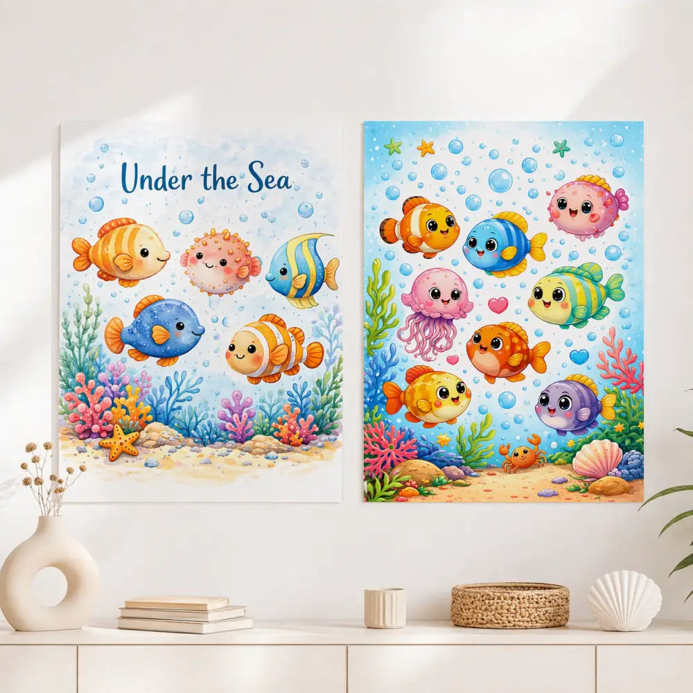 Affiche chambre bébé avec deux illustrations colorées sous la mer de poissons et créatures marines en style cartoon