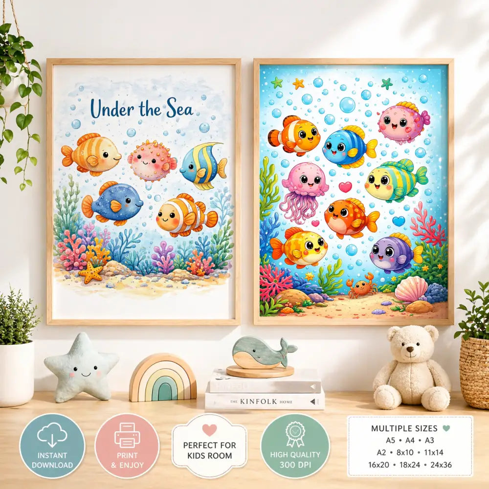 Deux affiches chambre bébé avec animaux colorés sous la mer sur fond bleu vibrant pour chambre bébé décoration