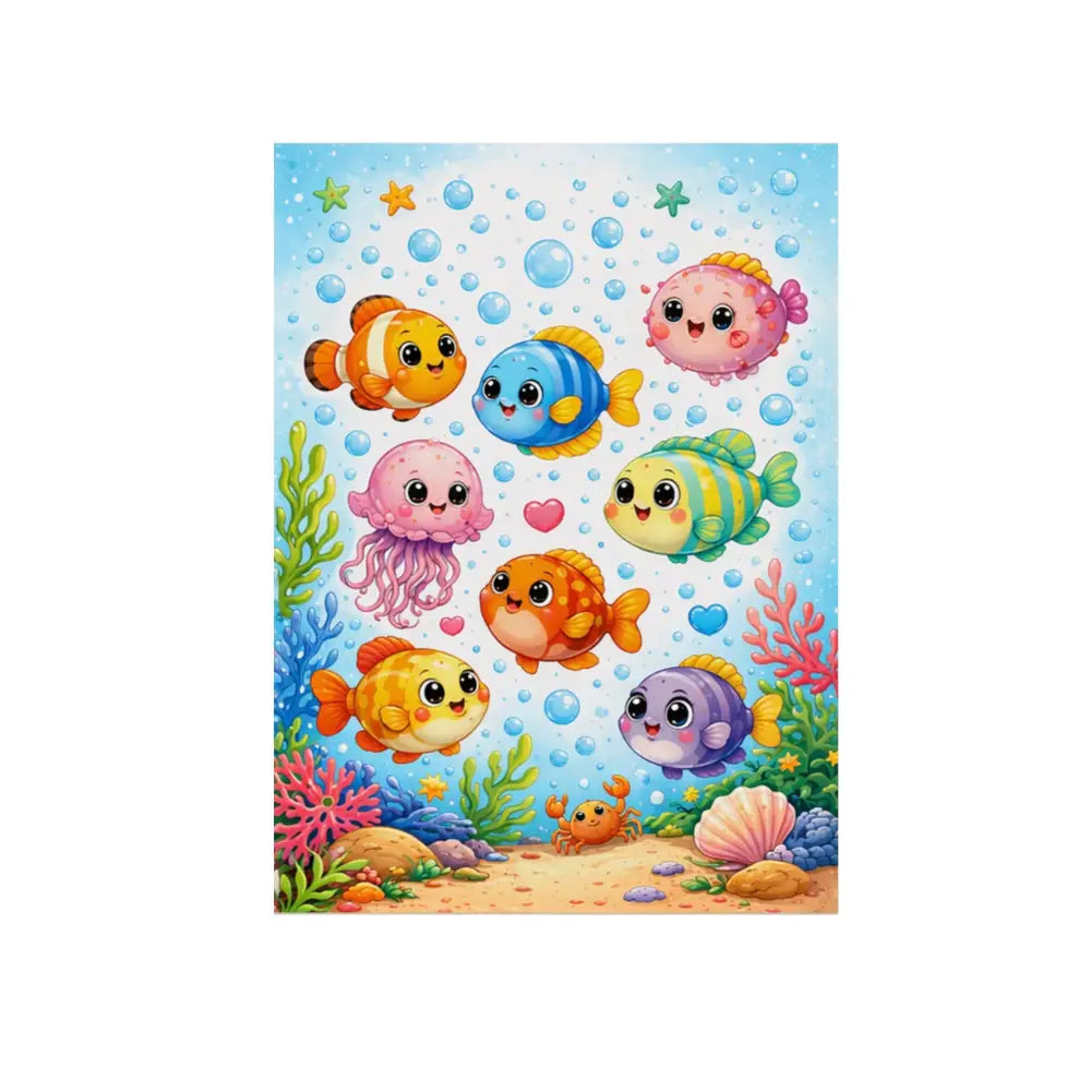 Affiche chambre bébé avec scène sous-marine colorée poissons et méduses souriants décor corail vibrant poster animaux