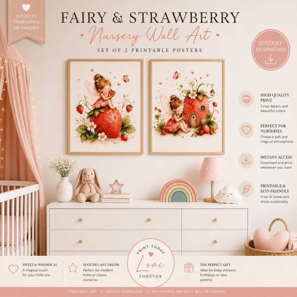 Affiche chambre bébé avec déco enfant à imprimer fée fraise en tons pastels encadrée en bois clair
