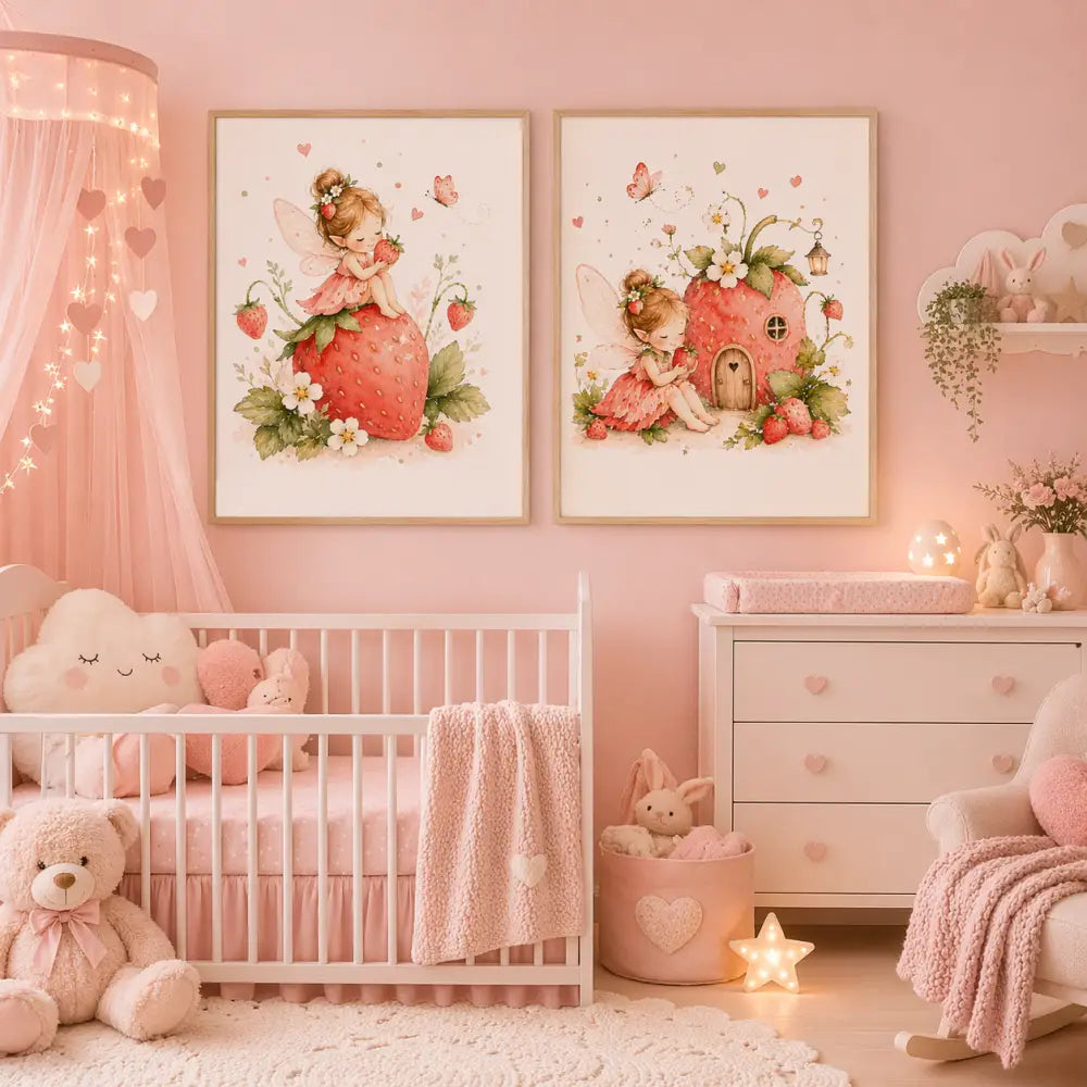 Affiche chambre bébé fille fée fraise rose encadrée pour deco chambre enfant à imprimer