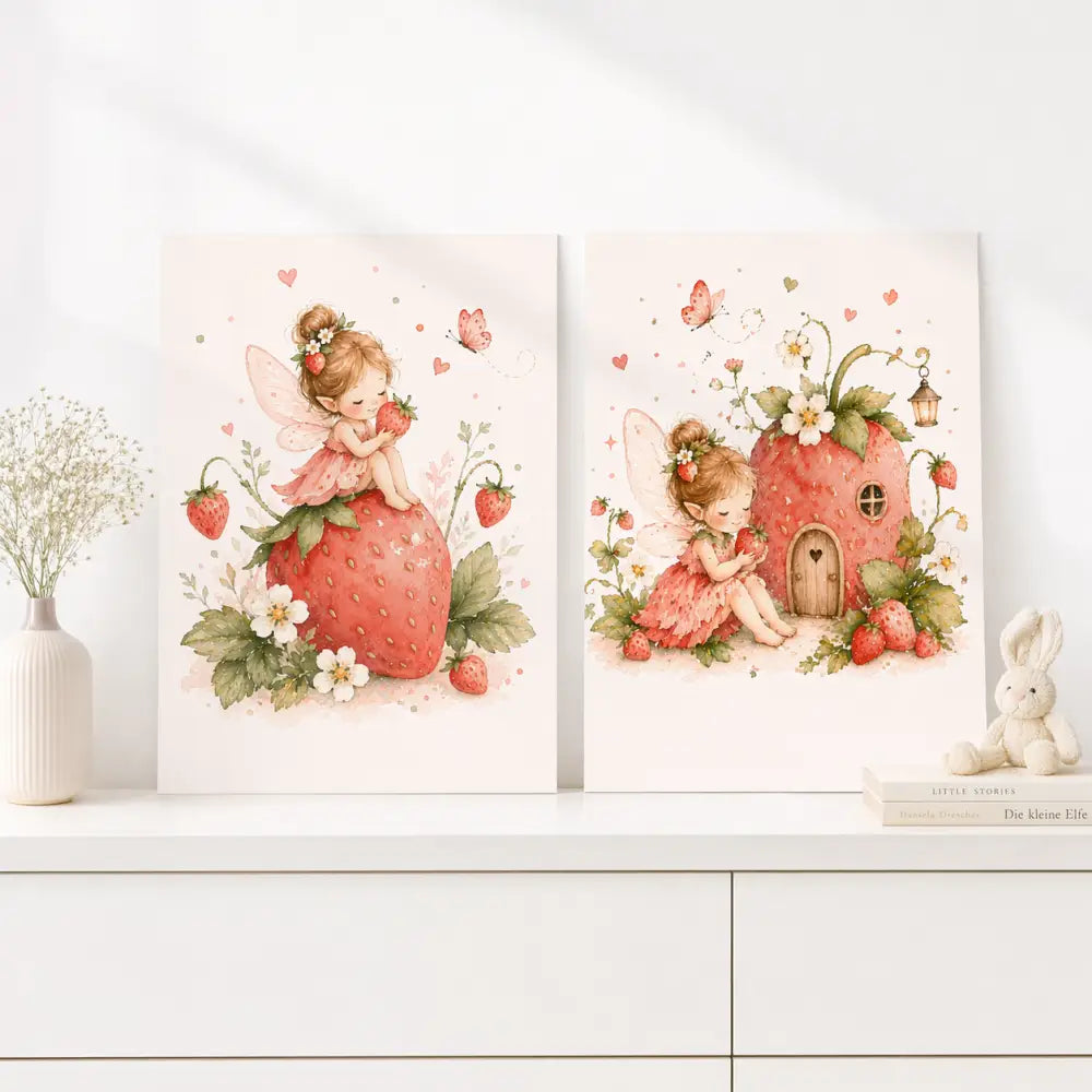 Deux affiches chambre bébé fée fraise avec illustrations de fées, fleurs blanches et papillons en tons rose et rouge