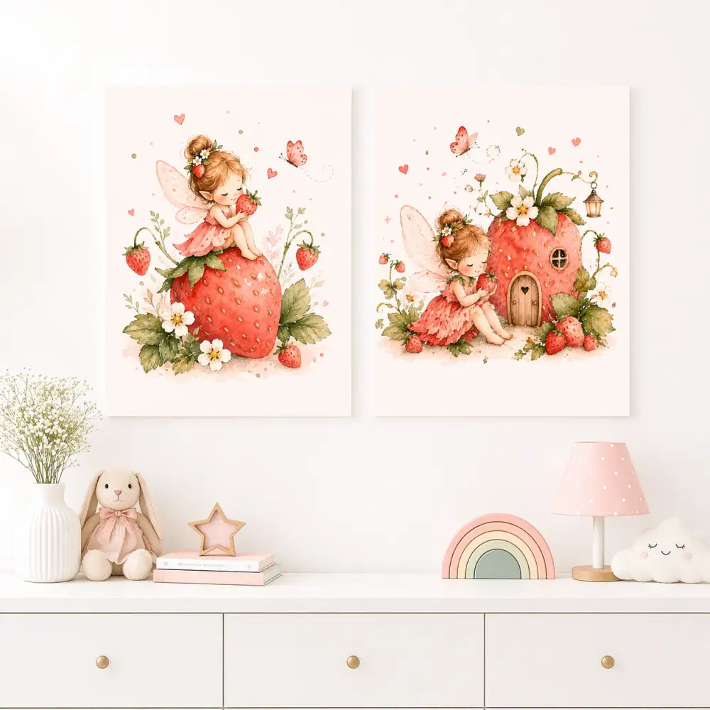 Deux affiches chambre bébé fille fée fraise avec illustrations aquarelle de fées roses et fraises sur fond crème