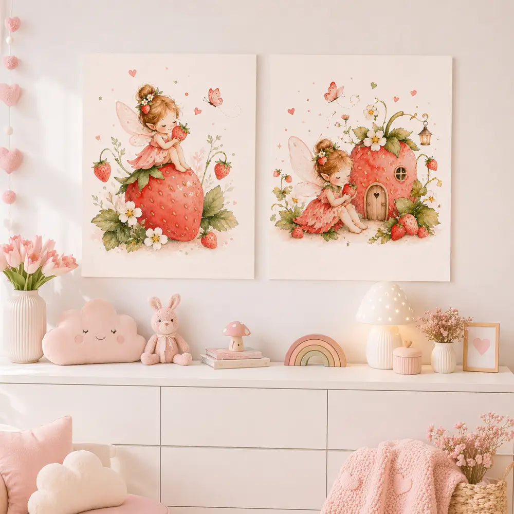 Deux affiches chambre bébé avec fées fraises en aquarelle rose et déco chambre enfant sur fond crème