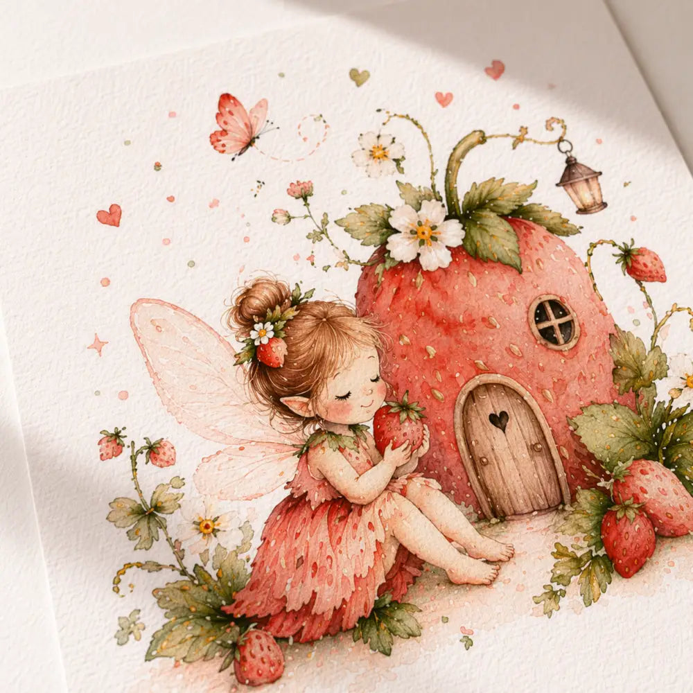 Affiche chambre bébé fille avec illustration délicate de fée fraise en aquarelle pour deco chambre enfant