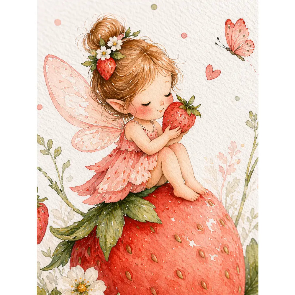 Affiche chambre bébé fille avec fée délicate aux ailes roses et robe fraise assise sur une grosse fraise 
