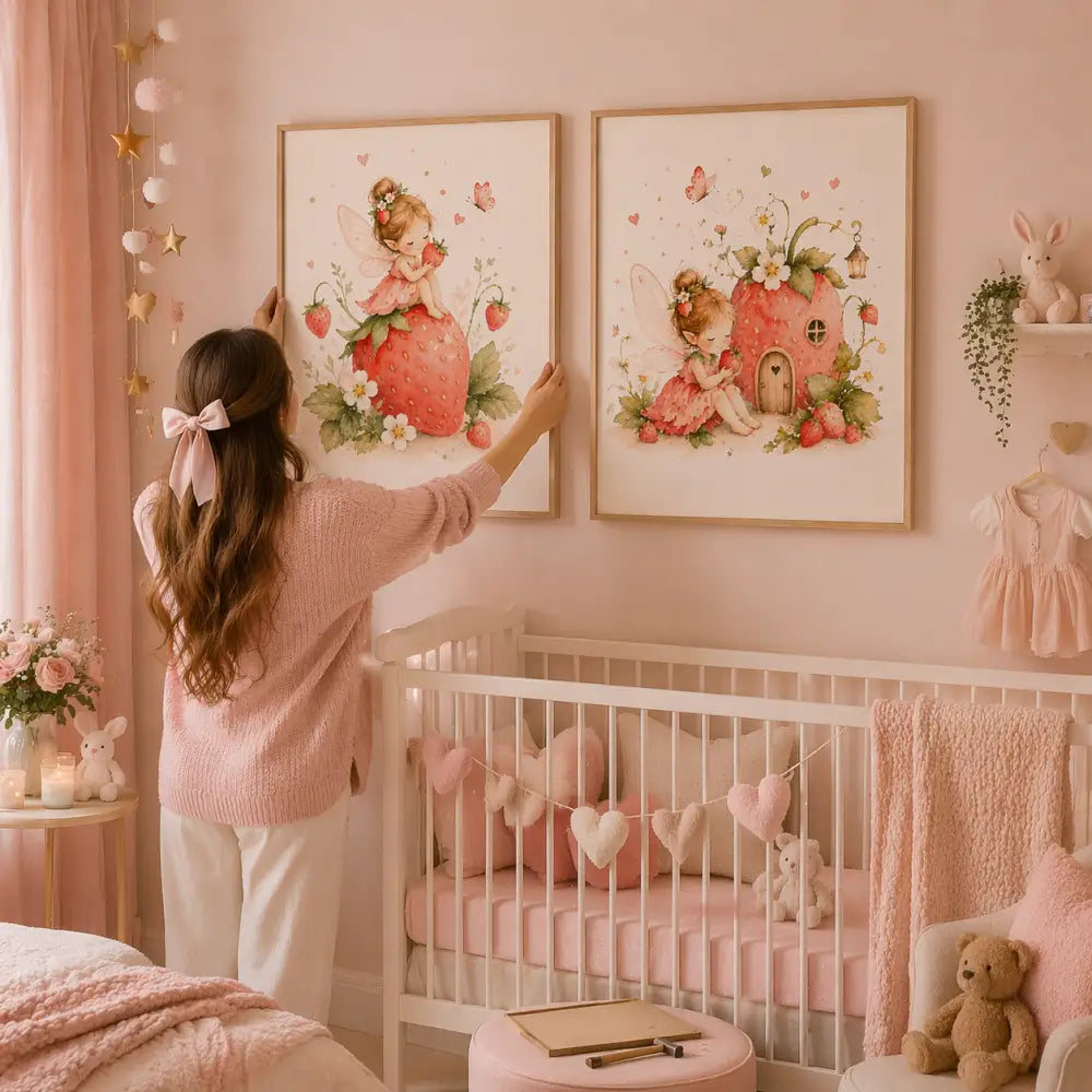 Affiche chambre bébé fille avec illustrations de fées fraises et déco chambre délicate avec fleurs et papillons