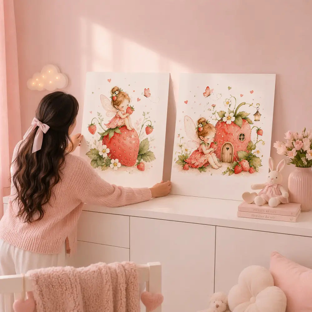 Deux affiches chambre bébé avec illustrations féeriques de fraises et fleurs dans une deco chambre rose pâle