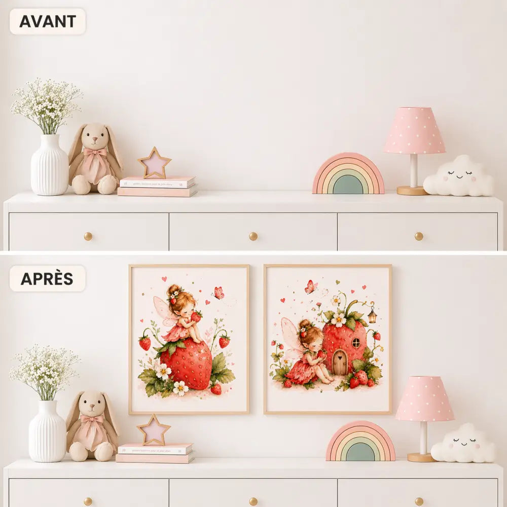 Deux affiches chambre bébé avec décoration fée fraise en couleurs pastel pour affiche enfant à imprimer