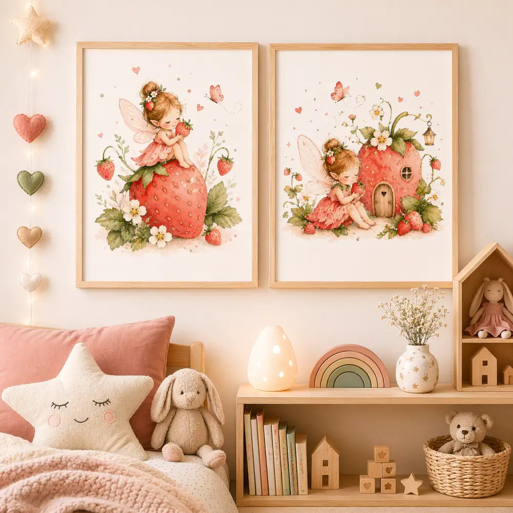 Deux affiches chambre bébé avec fées en robes roses et cadre bois clair pour deco chambre enfant à imprimer
