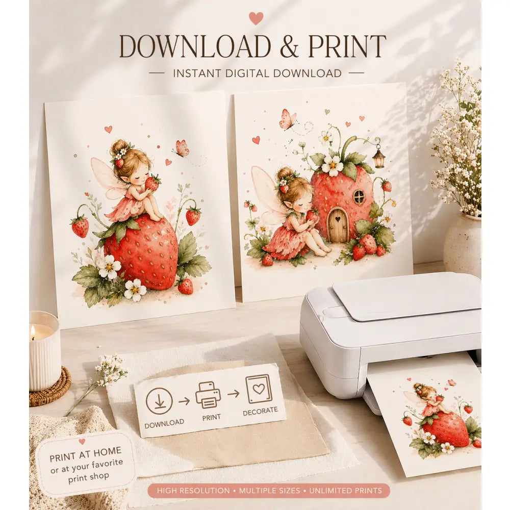 Affiche chambre bébé fille avec design fée fraise imprimée par une imprimante blanche pour déco chambre enfant