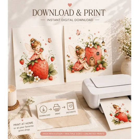 Affiche chambre bébé fille avec design fée fraise imprimée par une imprimante blanche pour déco chambre enfant