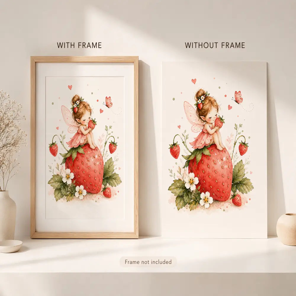 Affiche chambre bébé avec fée rose assise sur une fraise rouge déco chambre enfant à imprimer