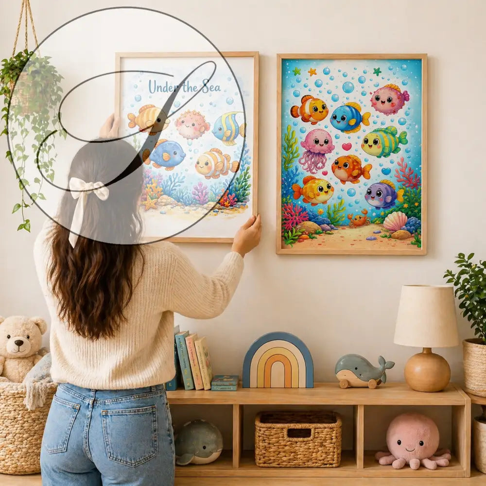 Affiche chambre bébé avec illustration sous-marine colorée encadrée en bois clair pour décoration chambre bébé