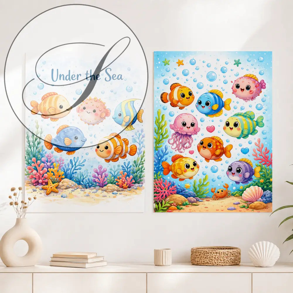 Affiche chambre bébé avec deux illustrations colorées sous la mer de poissons et créatures marines en style cartoon