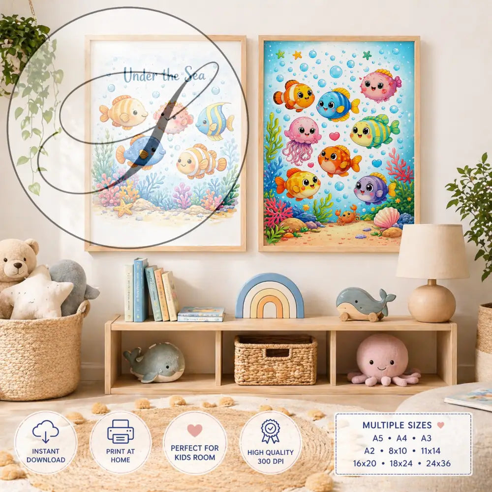 Deux affiches chambre bébé animées avec poissons colorés et animaux marins sur fond océanique vibrant