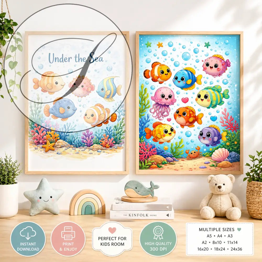Deux affiches chambre bébé avec animaux colorés sous la mer sur fond bleu vibrant pour chambre bébé décoration