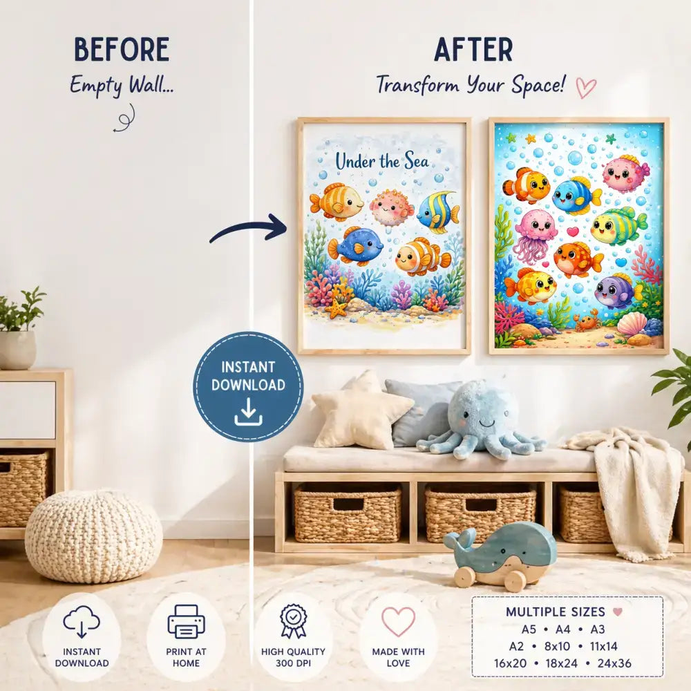 Deux affiches chambre bébé avec posters animaux à télécharger en diamond painting coloré sous la mer en a3 et a4