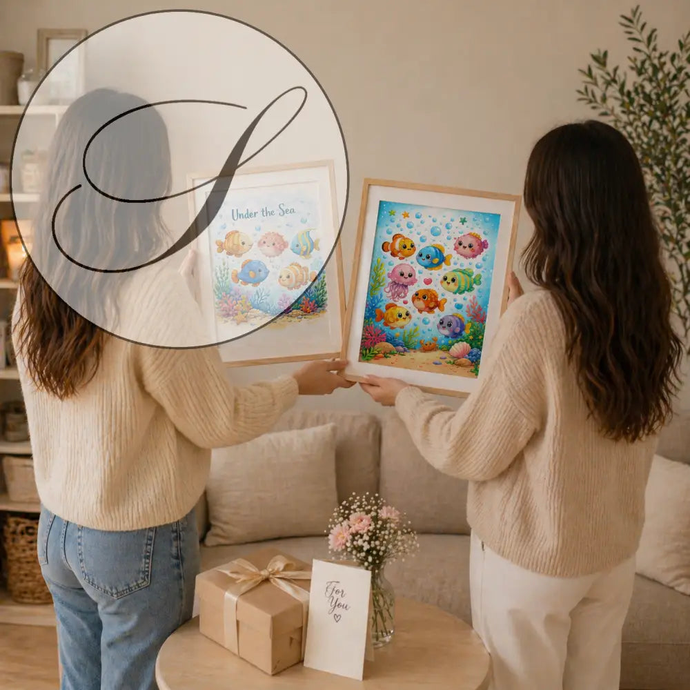 Deux affiches chambre bébé sous la mer avec poissons colorés et cadre bois clair pour décor chambre bébé