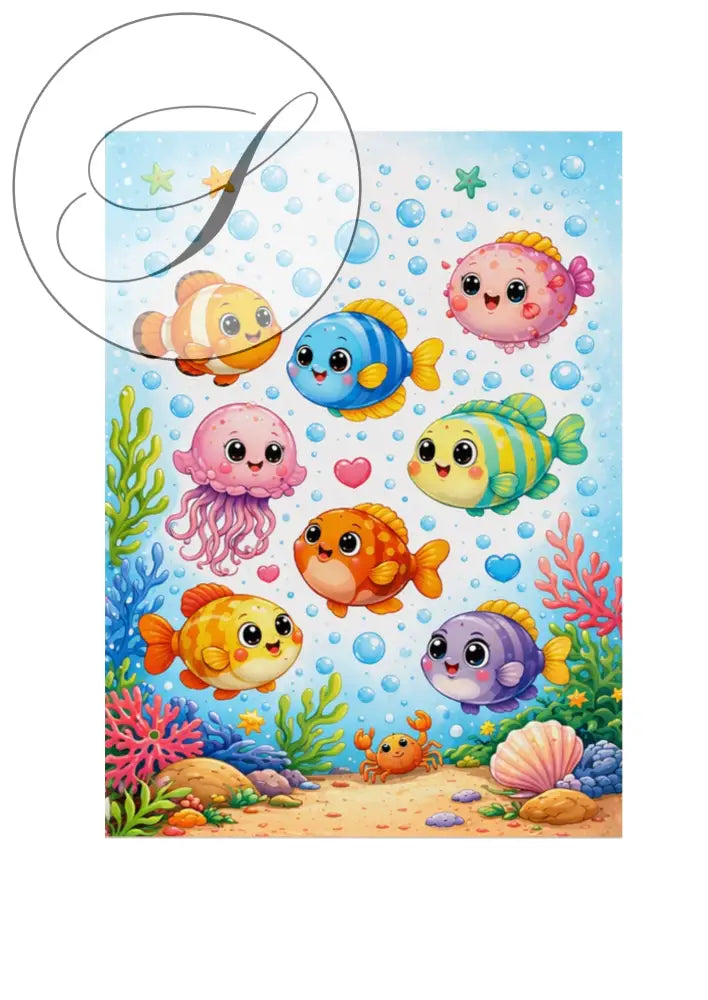 Affiche chambre bébé avec scène sous-marine colorée poissons et méduses souriants décor corail vibrant poster animaux