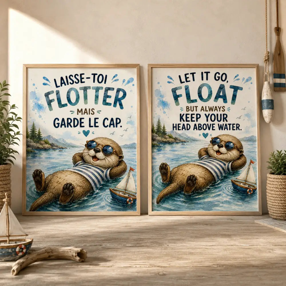 Deux affiches encadrées rt avec dessins animés de loutres en maillots rayés flottant sur l eau et phrases motivantes en anglais et français