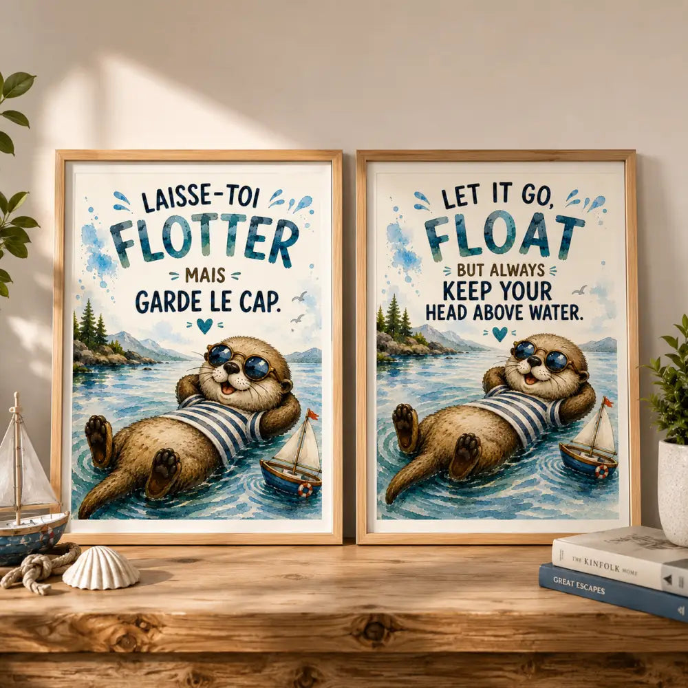 Deux affiches encadrées rt avec des loutres en marinière flottant et messages en français et anglais sur l’eau