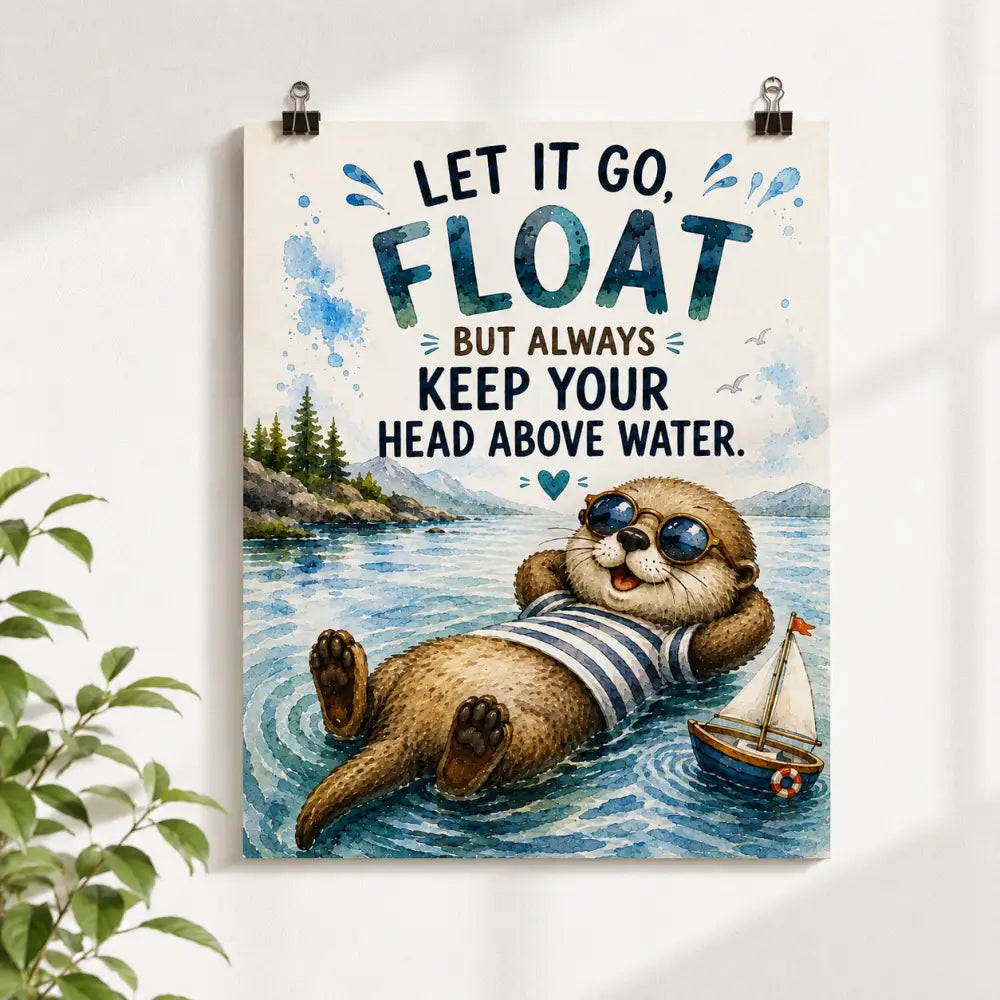 Affiche aquarelle charmante rt avec loutre brune en lunettes et marinière flottant sur l’eau bleue avec texte inspirant