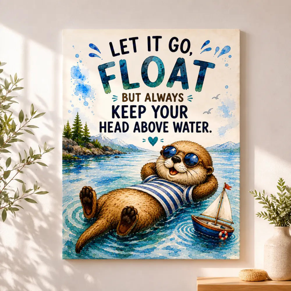 Un charmant tableau en toile montrant une loutre cartoon en maillot rayé bleu et blanc flottant près dun petit voilier