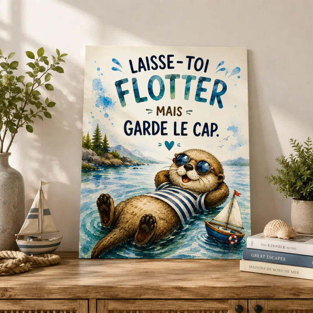 Une toile aquarelle charmante illustrant une loutre dessin animé en maillot rayé 
