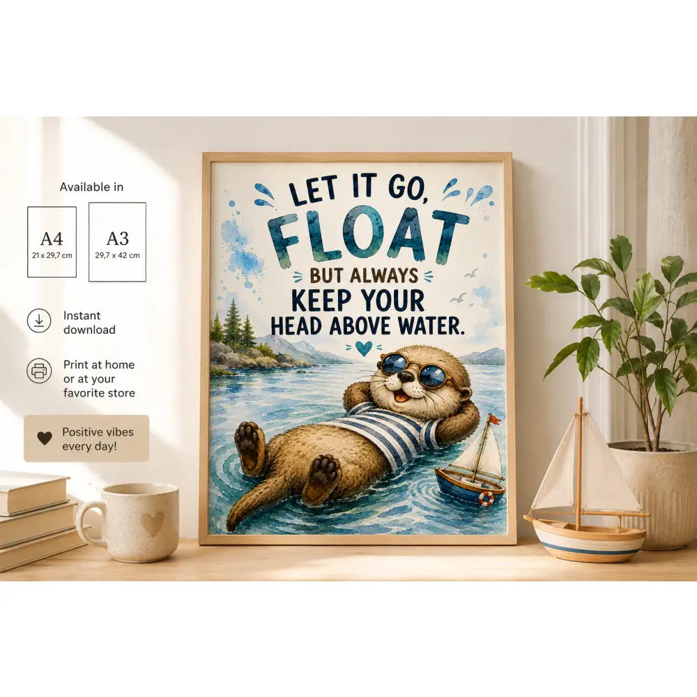 Un poster encadré rt avec un personnage cartoon de loutre en lunettes de soleil et texte inspire sur l eau