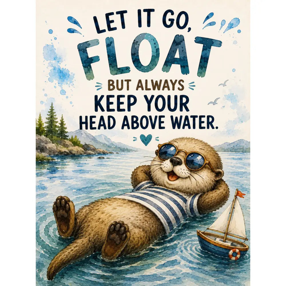Un loutre cartoon portant un maillot de bain rayé bleu et blanc et des lunettes de soleil brunes flotte dans l’eau rt