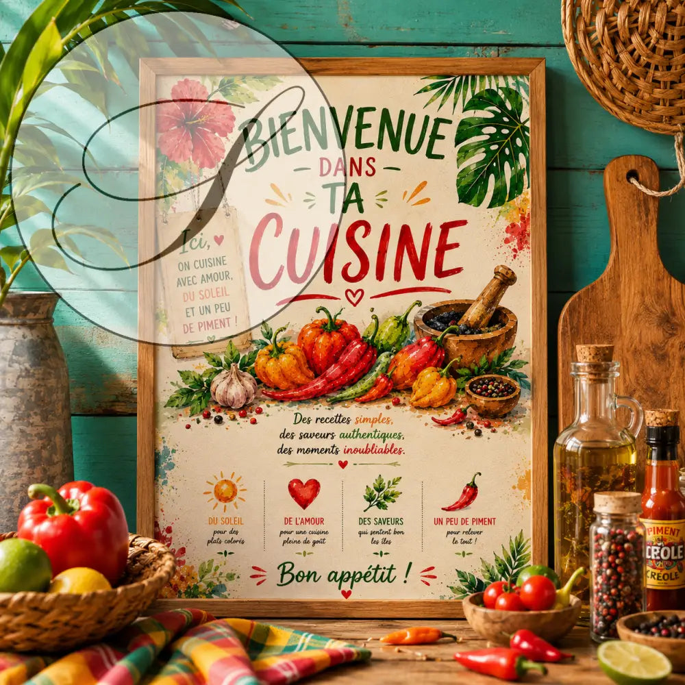 Affiche cuisine gourmande encadrée avec poivrons, ail et herbes dans un cadre en bois rustique
