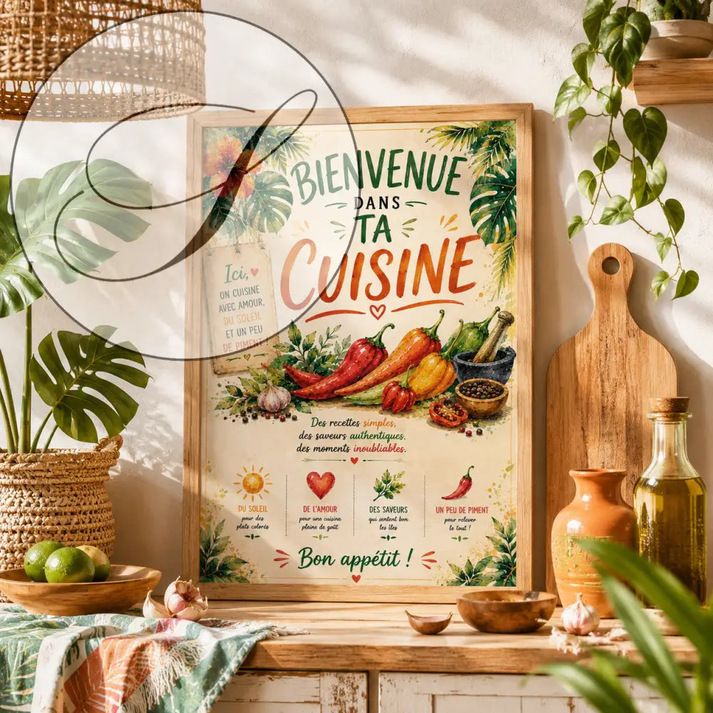 Affiche cuisine encadrée avec illustrations colorées de piments et herbes sur fond beige